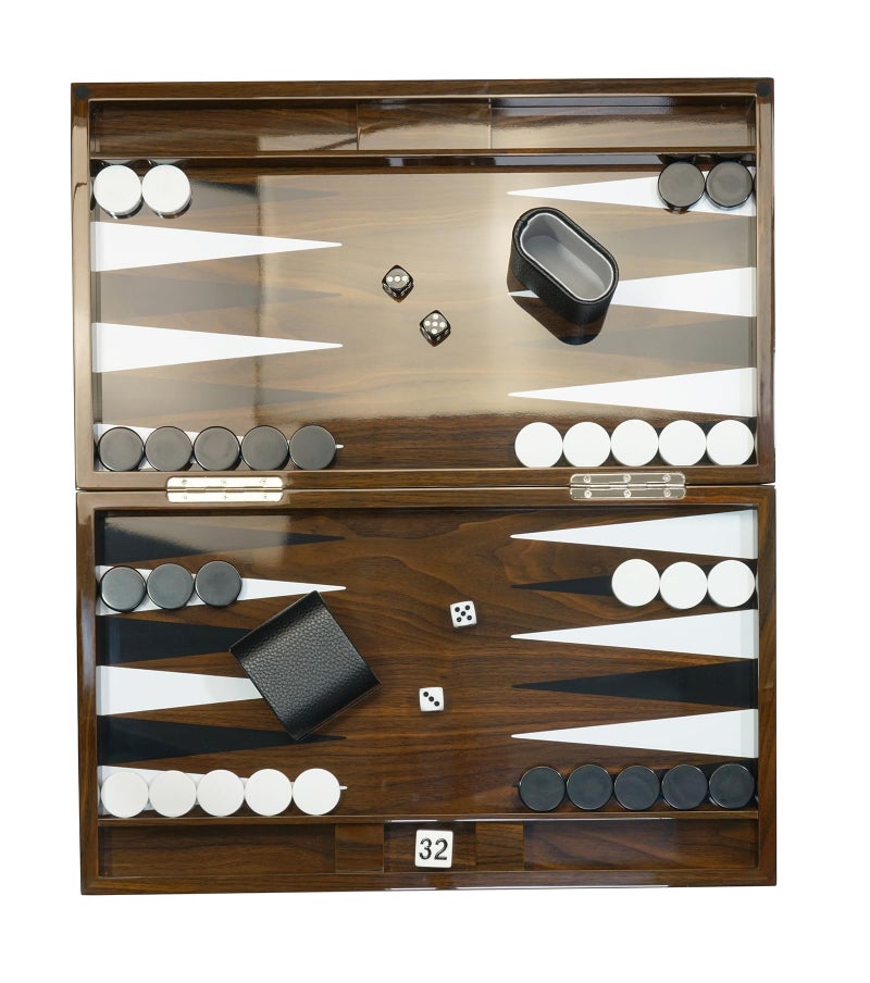 TimelyBuys Deluxe Wood 18" Lacquered Backgammon Board Game Set with Premium Leather Dice Cups and Acrylic Game Chips - Image 2
